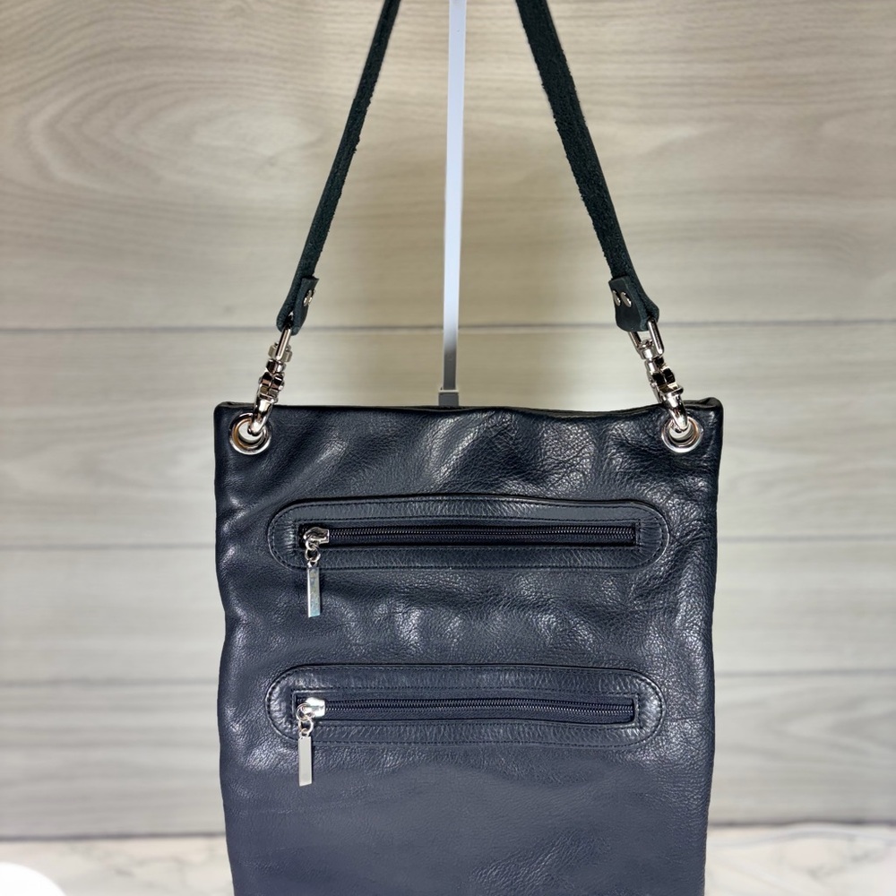 margot Black Leather Shoulder Bag with Double Zip Front